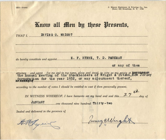 Irving Wright Tennis Champion Signed Document D. 1953