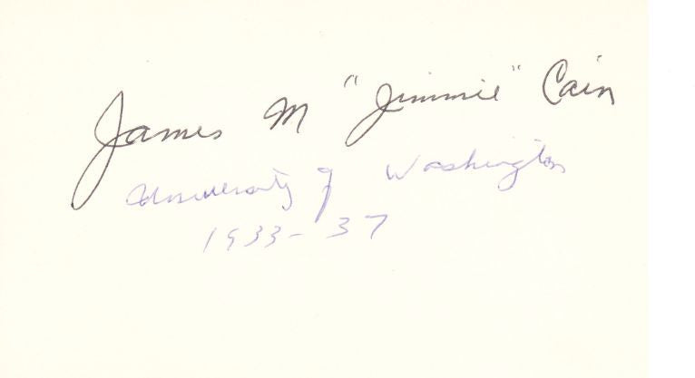 James M Cain Signed AUTO 3x5 index card