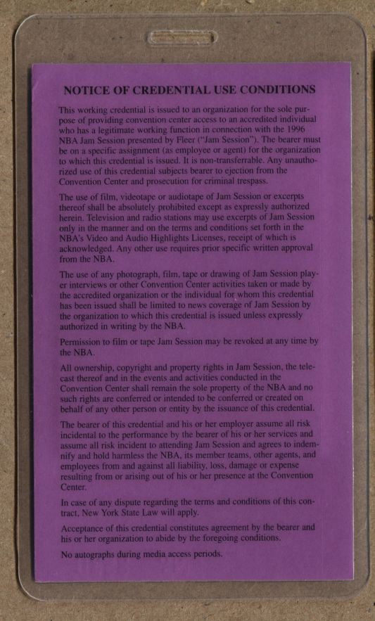 1996 NBA ALL-STAR JAM SESSION MEDIA PASS - Michael Jordan MVP