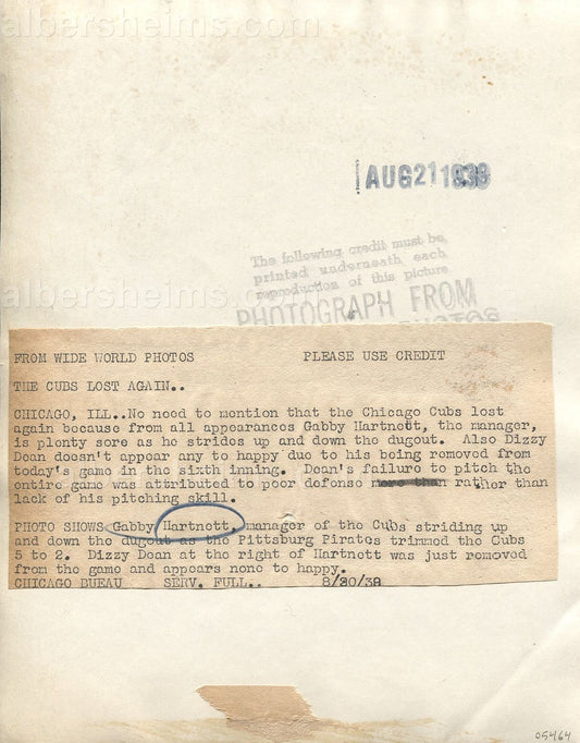 Dizzy Dean & Gabby Hartnett 1938 Original TYPE 1 Photo Chicago Cubs