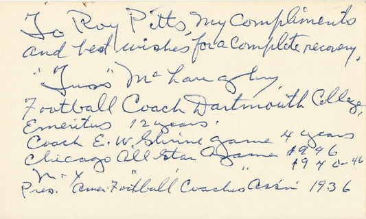 Tuss McLaughry College FB HOF signed 3x5 card with Achievements