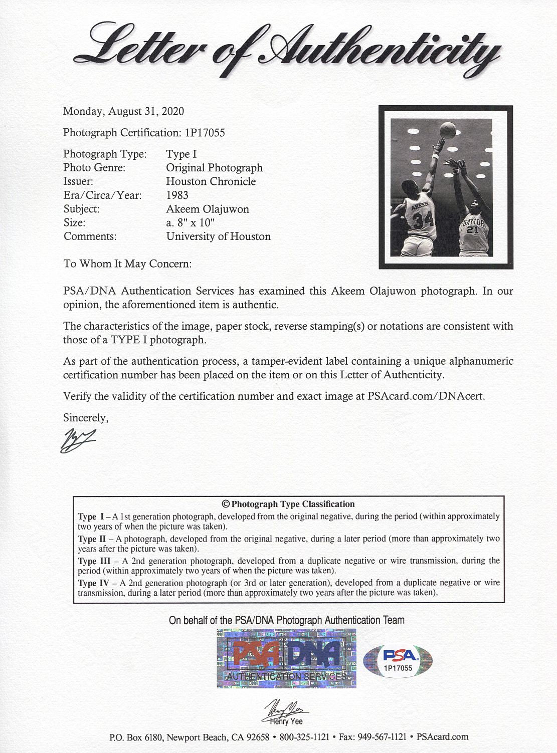 Akeem Hakeem Olajuwon Houston Cougars vs Baylor 1983 Original TYPE 1 Photo PSA/DNA LOA