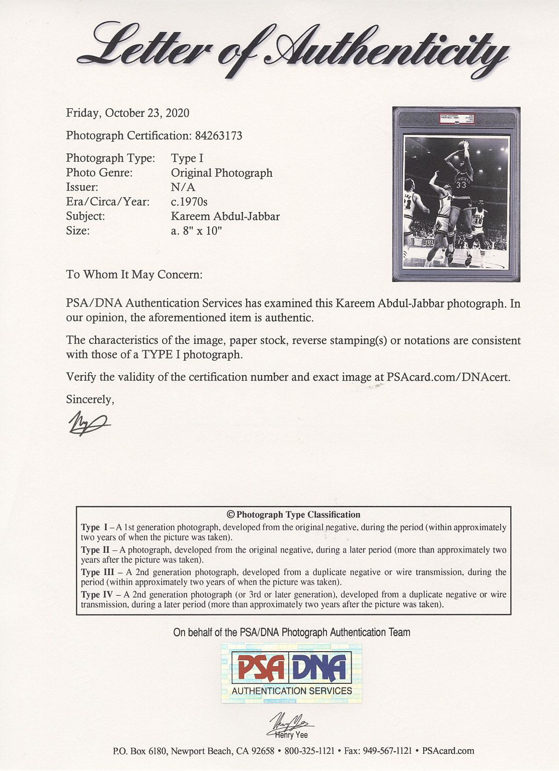 Early 70's Kareem Abdul Jabbar Shoots vs. Chicago Bulls TYPE 1 Photo PSA/DNA