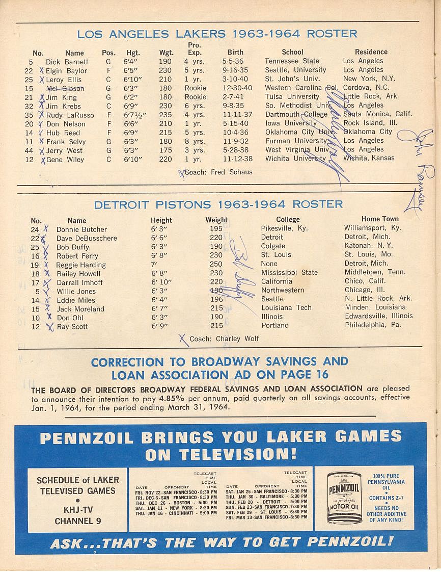 1964 Lakers vs Pistons Multi-Signed Autographed NBA Basketball Program w/ Reggie Harding x 2