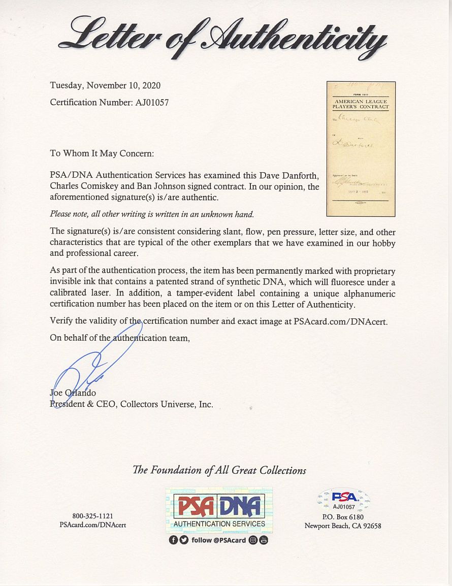 1919 White Sox Dave Danforth Ban Johnson Charles Comiskey Signed Major League Contract PSA/DNA