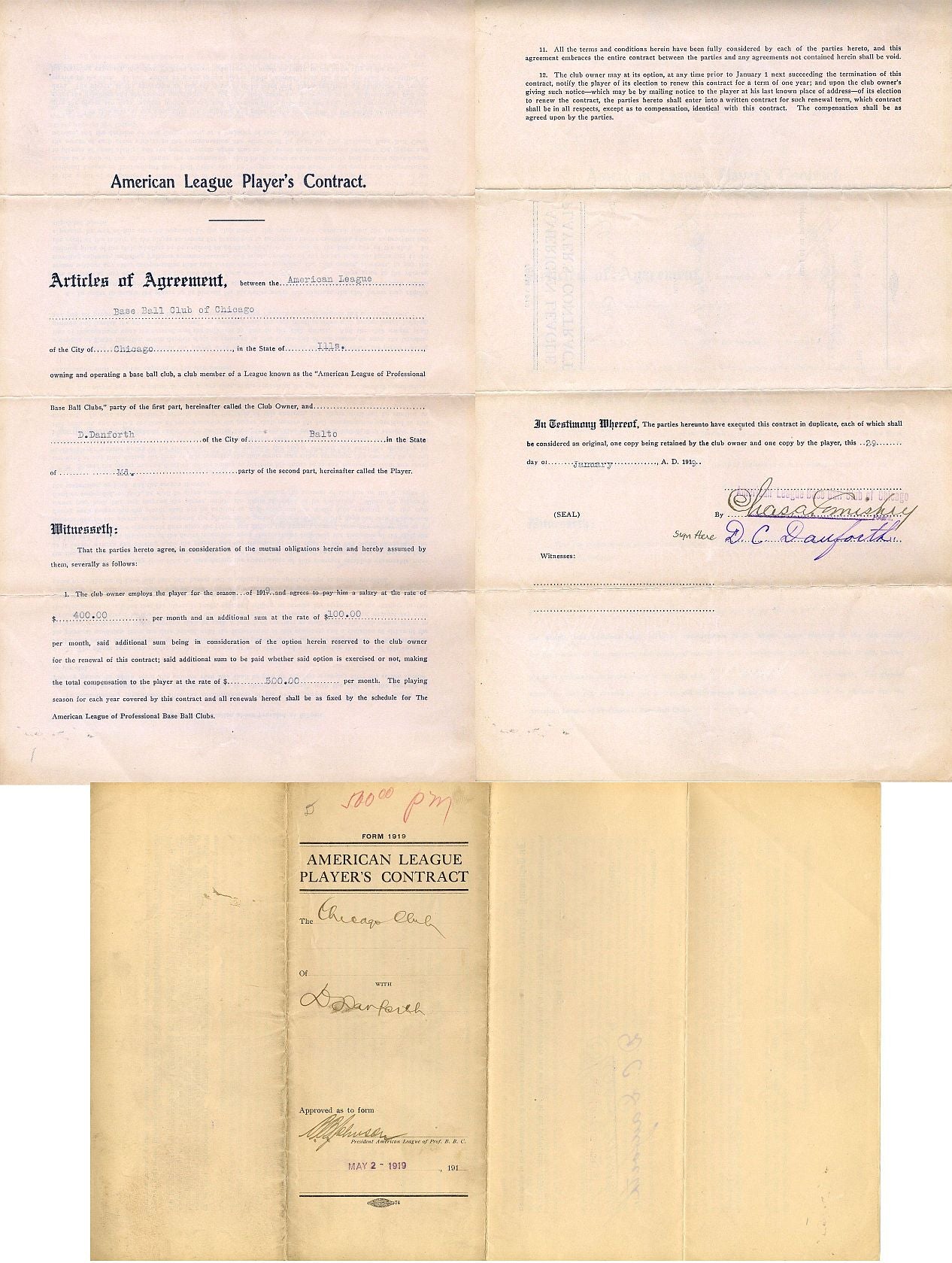 1919 White Sox Dave Danforth Ban Johnson Charles Comiskey Signed Major League Contract PSA/DNA