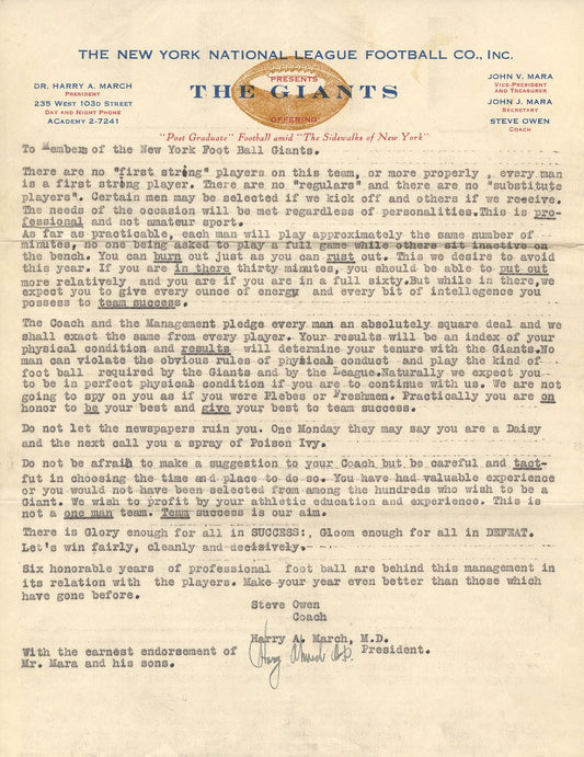 Harry March Co-Founder of the New York Football Giants Signed Letter Fantastic Content