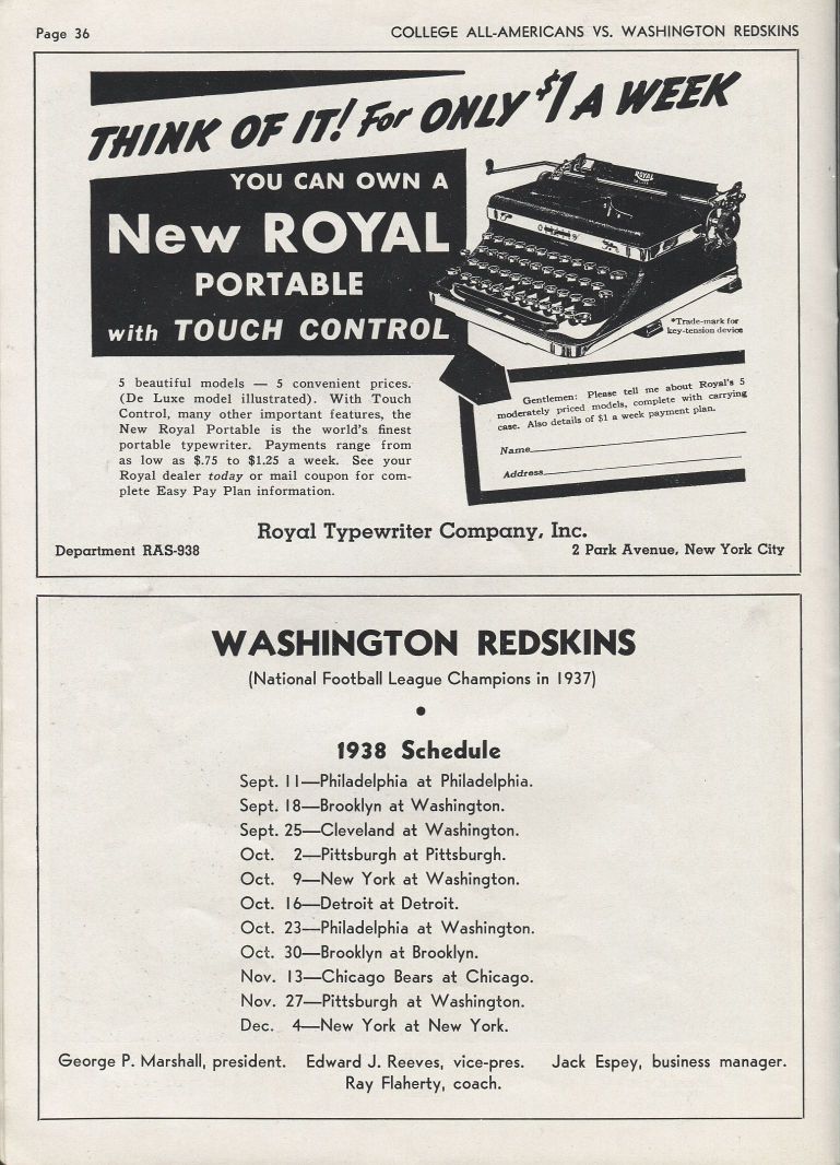 1938 College All-Stars vs Washington Redskins football program Whizzer White Sammy Baugh
