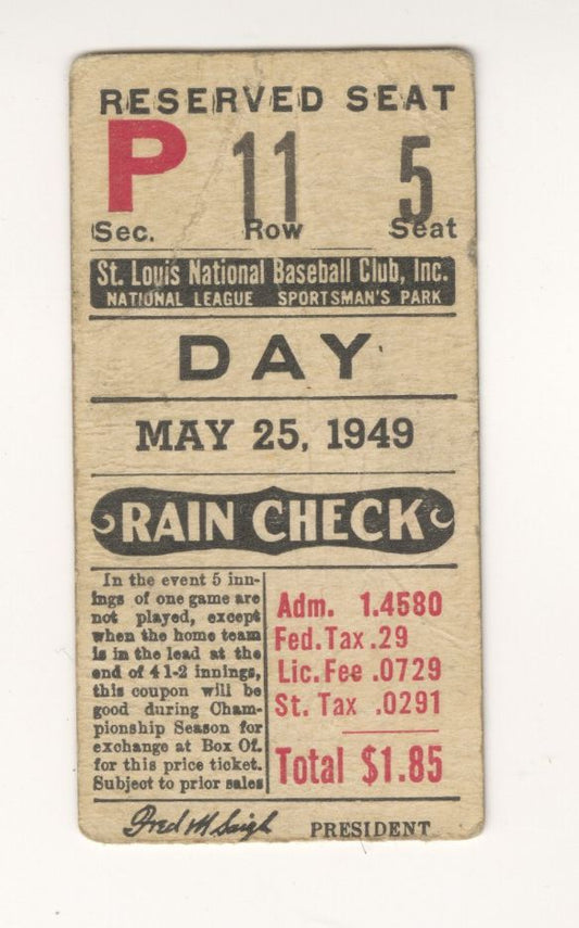 May 25, 1949 St. Louis Cardinals vs Boston Braves Ticket Stub Howie Pollet Shutout