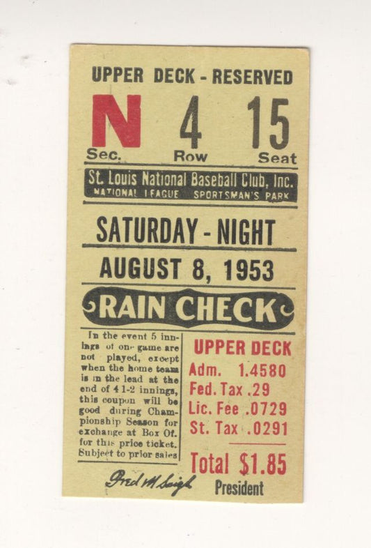 August 8, 1953 St. Louis Cardinals vs NY Giants Ticket Stub Stan Musial HR #243