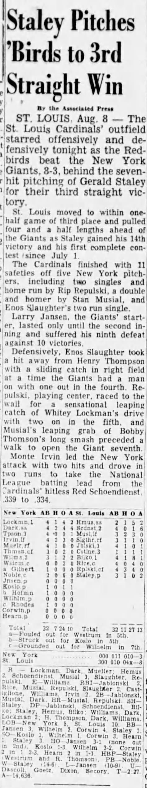 August 8, 1953 St. Louis Cardinals vs NY Giants Ticket Stub Stan Musial HR #243