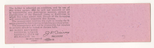 September 14, 1960 Milwaukee Braves vs. Cubs Full Ticket Eddie Mathews HR #336