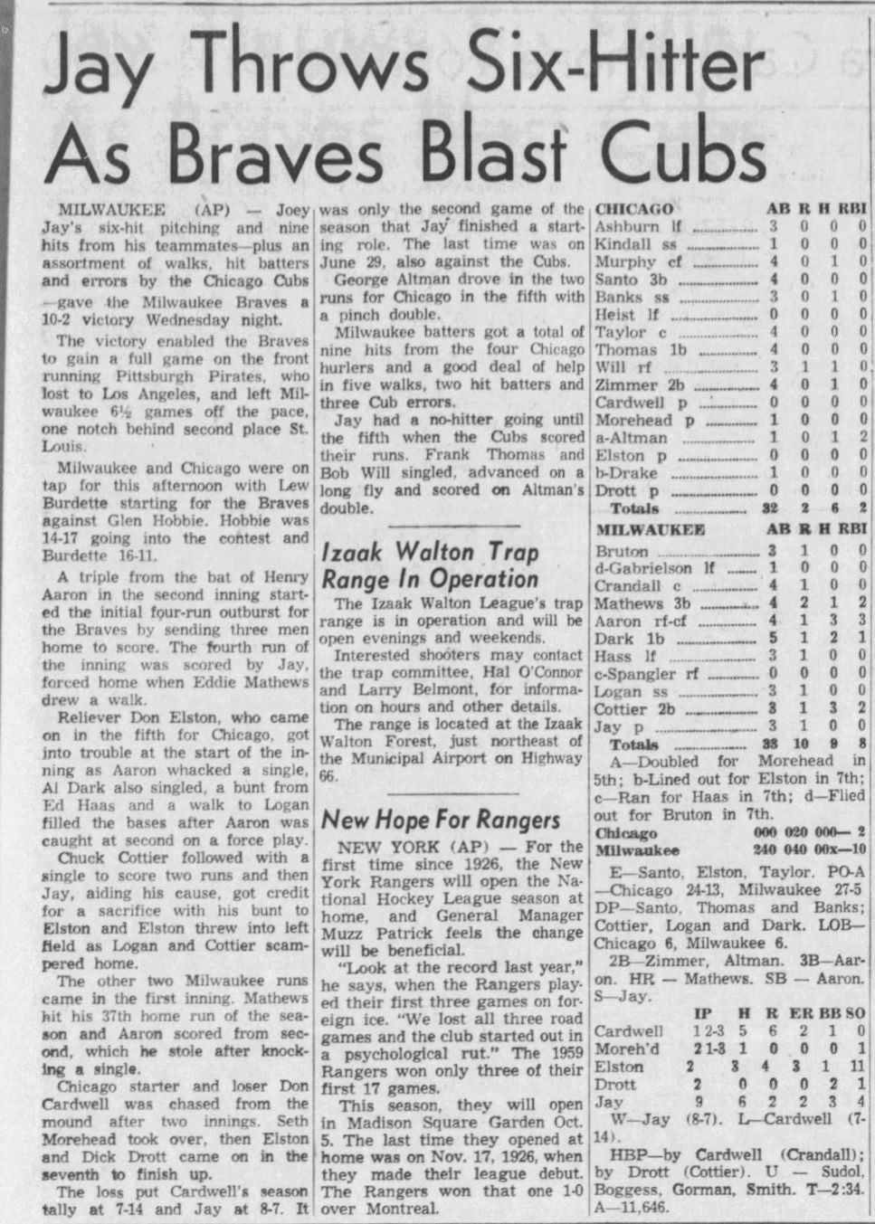 September 14, 1960 Milwaukee Braves vs. Cubs Full Ticket Eddie Mathews HR #336