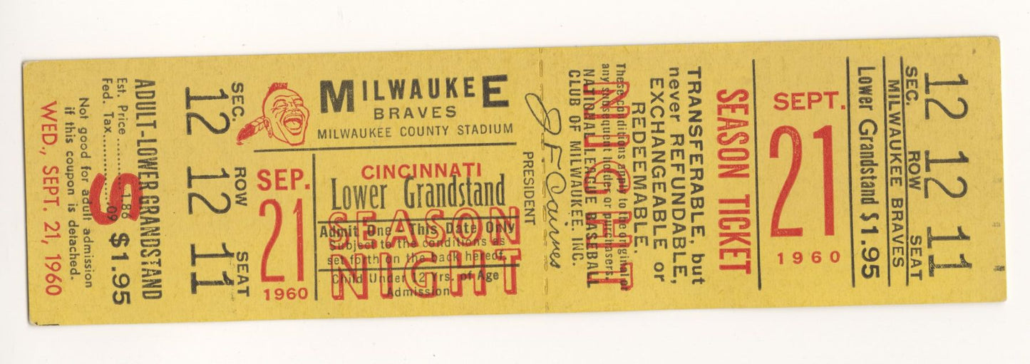 September 21, 1960 Milwaukee Braves vs. Reds Full Ticket Hank Aaron HR #217 Spahn Win 288