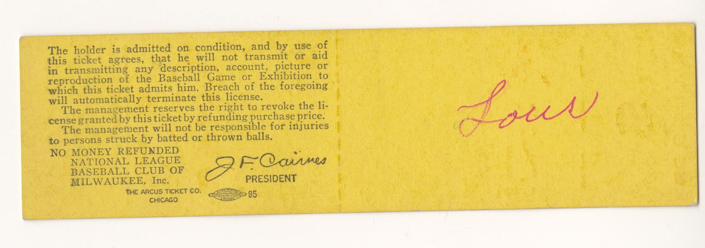 September 21, 1960 Milwaukee Braves vs. Reds Full Ticket Hank Aaron HR #217 Spahn Win 288