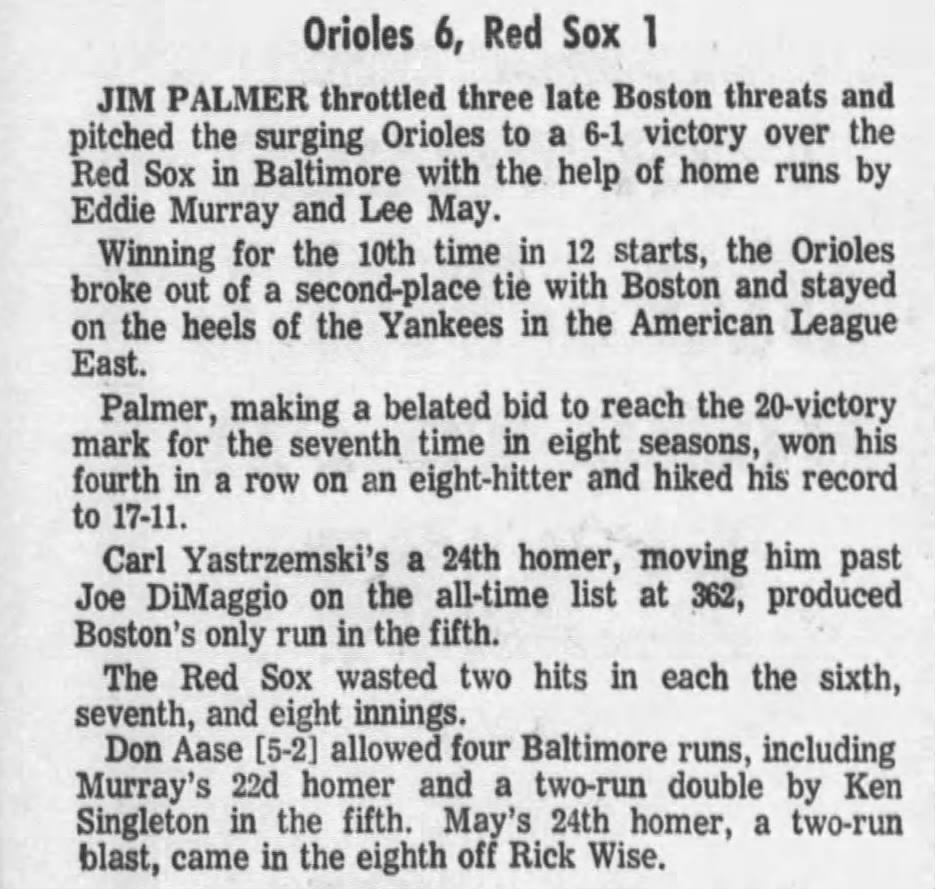 September 16, 1977 Orioles vs Red Sox ticket Stub Eddie Murray HR #22 Jim Palmer Win Yaz Surpasses Joe DiMaggio on HR list #362