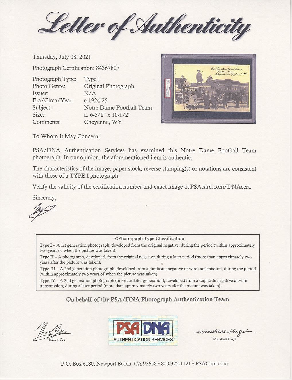 1924 Notre Dame Football Team National Champs Post Rose Bowl Celebration Original TYPE 1 photo PSA/DNA LOA