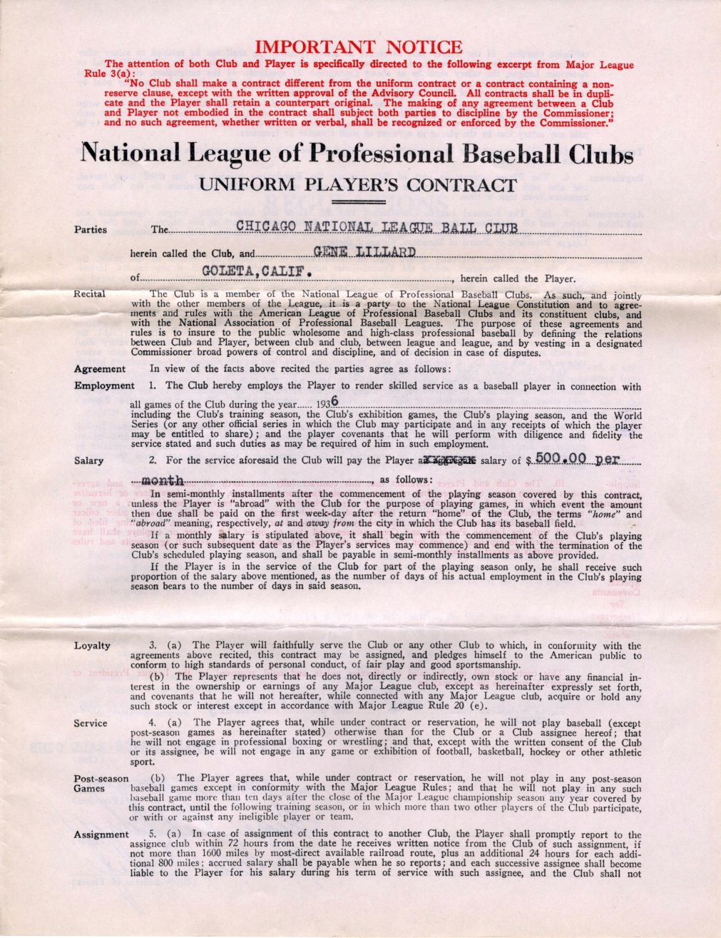 Gene Lillard Signed AUTO 1936 Chicago Cubs Rookie Baseball Contract w/ Phillip Wrigley