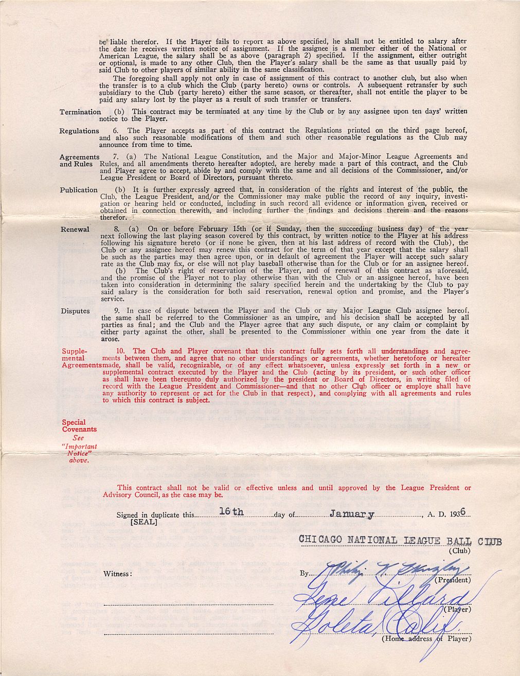 Gene Lillard Signed AUTO 1936 Chicago Cubs Rookie Baseball Contract w/ Phillip Wrigley