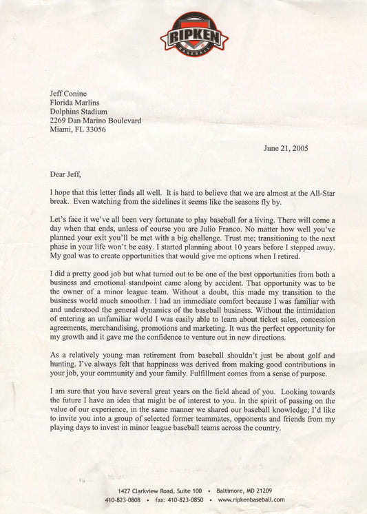 Cal Ripken Jr. Typed Letter Signed with Fantastic Baseball Content Baltimore Orioles HOF PSA/DNA LOA