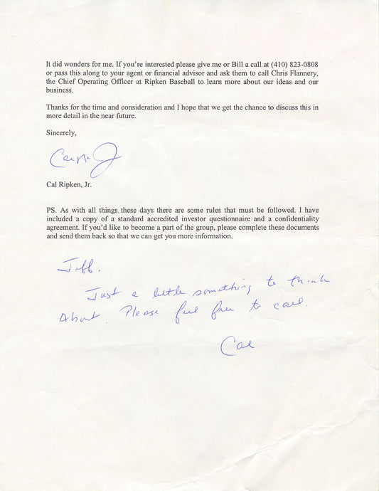 Cal Ripken Jr. Typed Letter Signed with Fantastic Baseball Content Baltimore Orioles HOF PSA/DNA LOA