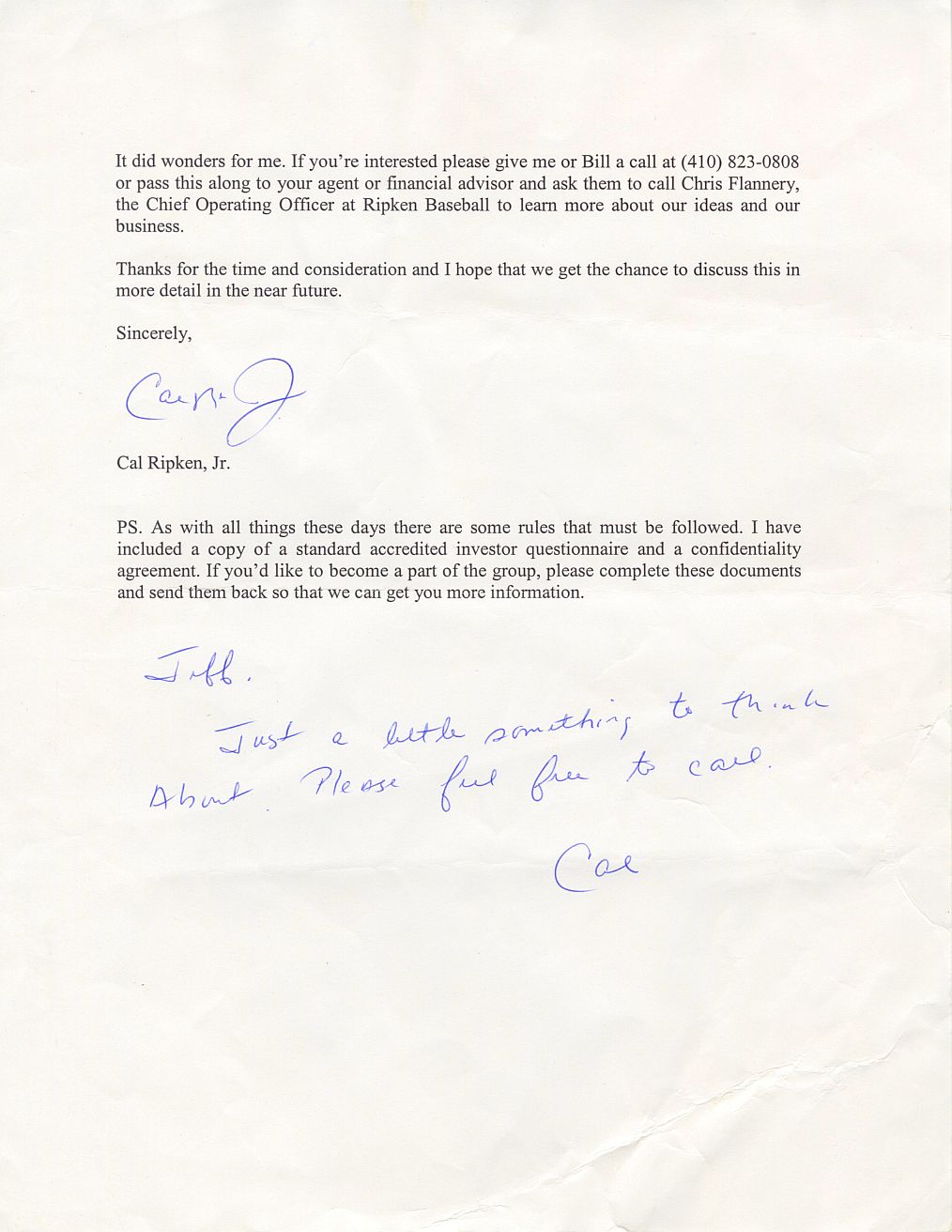 Cal Ripken Jr. Typed Letter Signed with Fantastic Baseball Content Baltimore Orioles HOF PSA/DNA LOA