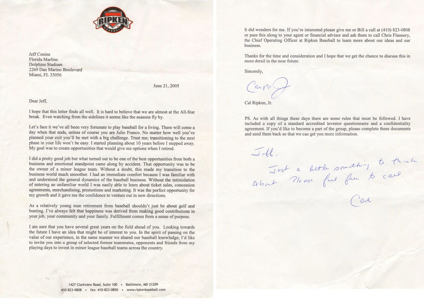 Cal Ripken Jr. Typed Letter Signed with Fantastic Baseball Content Baltimore Orioles HOF PSA/DNA LOA