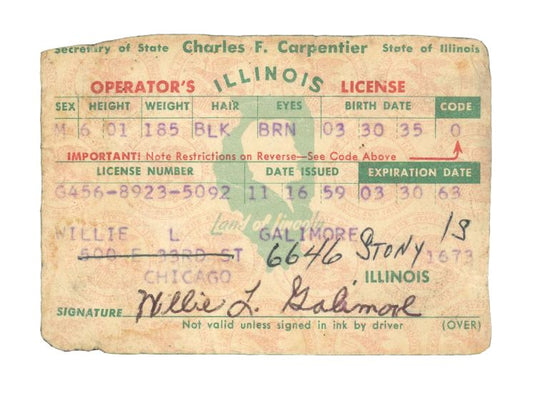 Willie Galimore Signed 1959-63 State of Illinois Driver's License College FB HOF d.1964