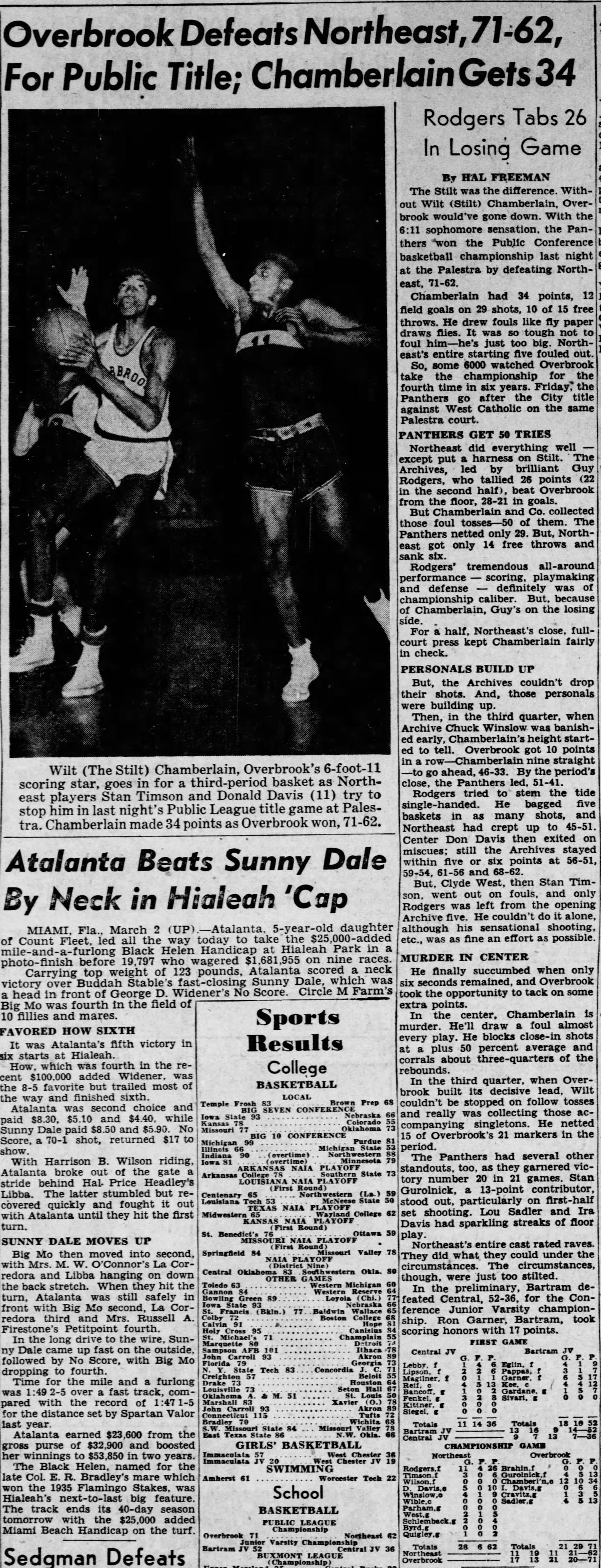 Wilt Chamberlain Overbrook vs Northeast 1953 Philadelphia Public High School League Championship Ticket Stub PSA Pop 1