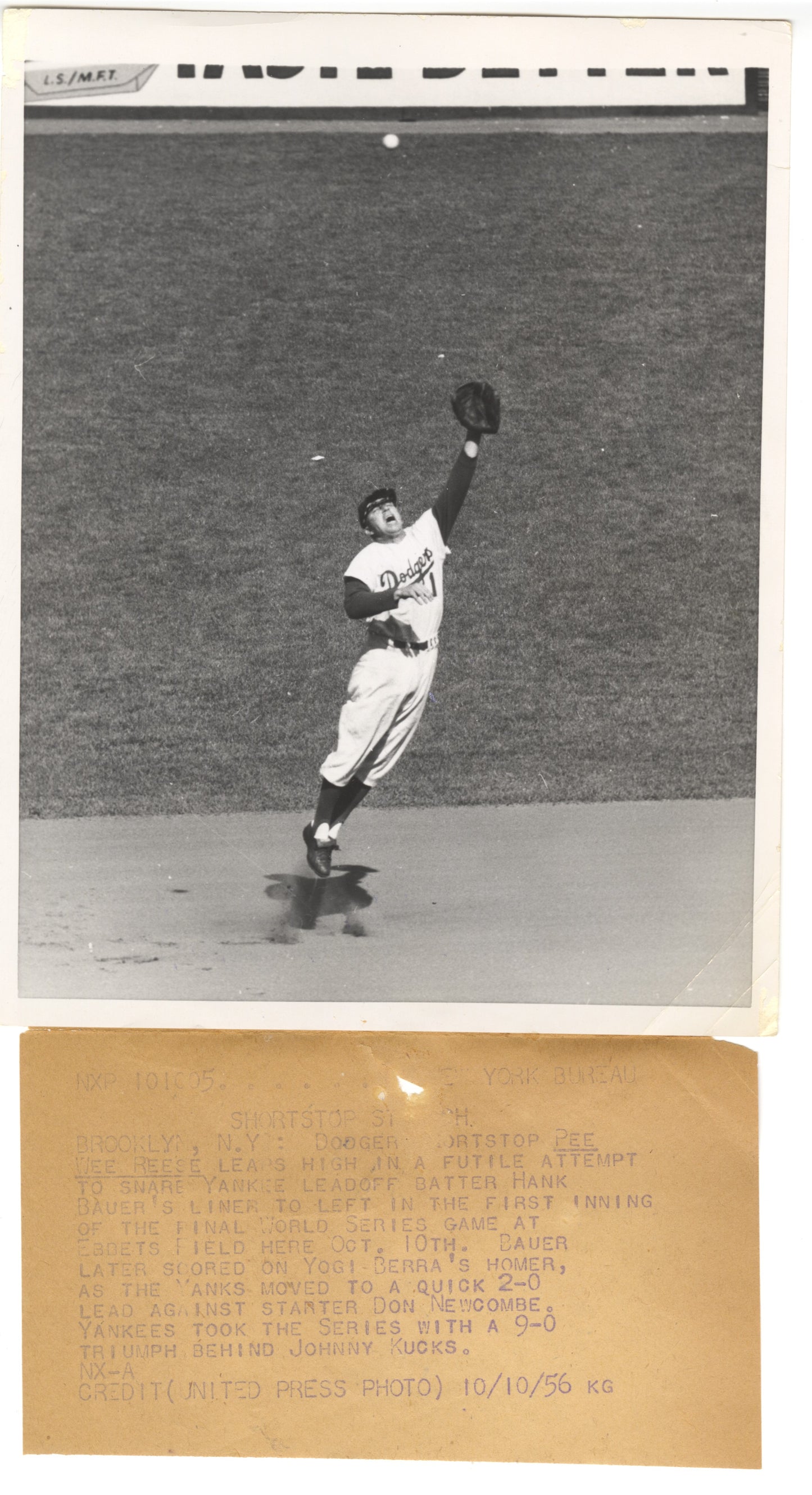 Pee Wee Reese Leaps for Ball Game 7 in 1956 World Series Original Press Photo