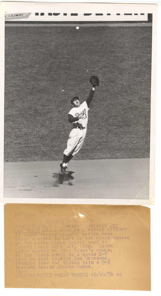 Pee Wee Reese Leaps for Ball Game 7 in 1956 World Series Original Press Photo