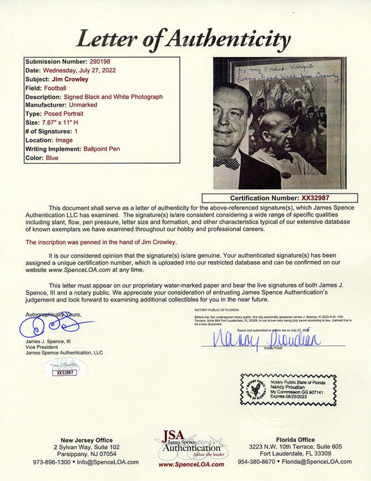 Jim Crowley Notre Dame Four Horsemen Signed AUTO Photo College FB HOF JSA LOA