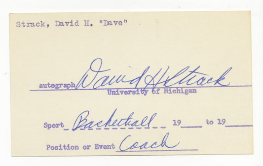 Dave David Strack Signed AUTO 3x5 index information card Michigan Basketball Coach Kautskys