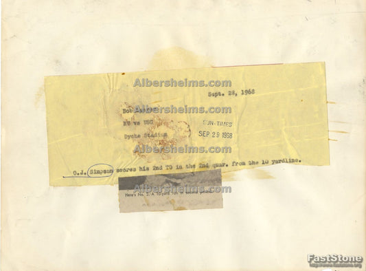 OJ Simpson USC scores 2nd TD vs Northwestern 1968 Original TYPE 1 Photo - Heisman Season