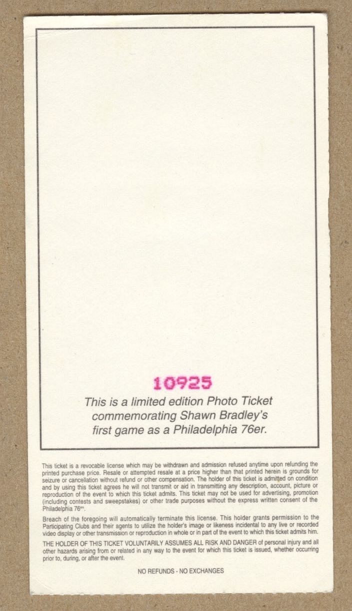 Shawn Bradley Signed AUTO NBA debut ticket stub 11/5 1993 Moses Malone Returns to 76ers vs Bullets