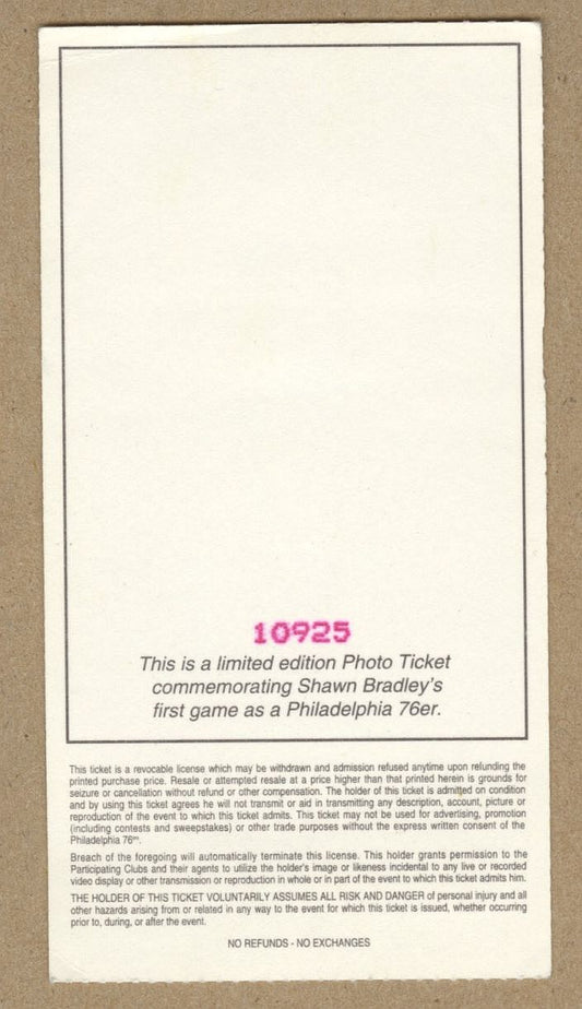Shawn Bradley Signed AUTO NBA debut ticket stub 11/5 1993 Moses Malone Returns to 76ers vs Bullets