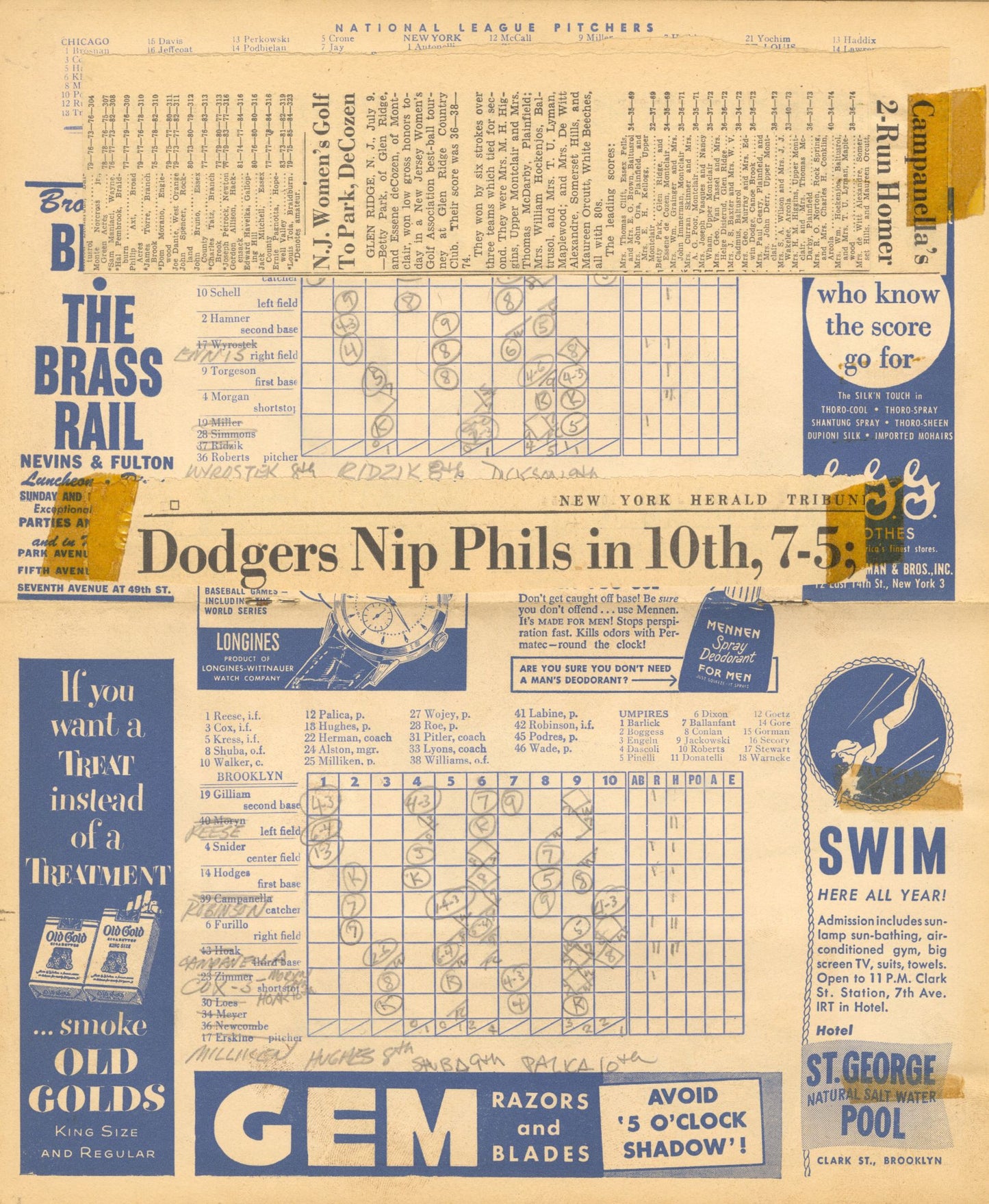 July 9, 1954 Brooklyn Dodgers vs Phillies Program Scorecard Program Campanella #171 & Hodges #192 HR's
