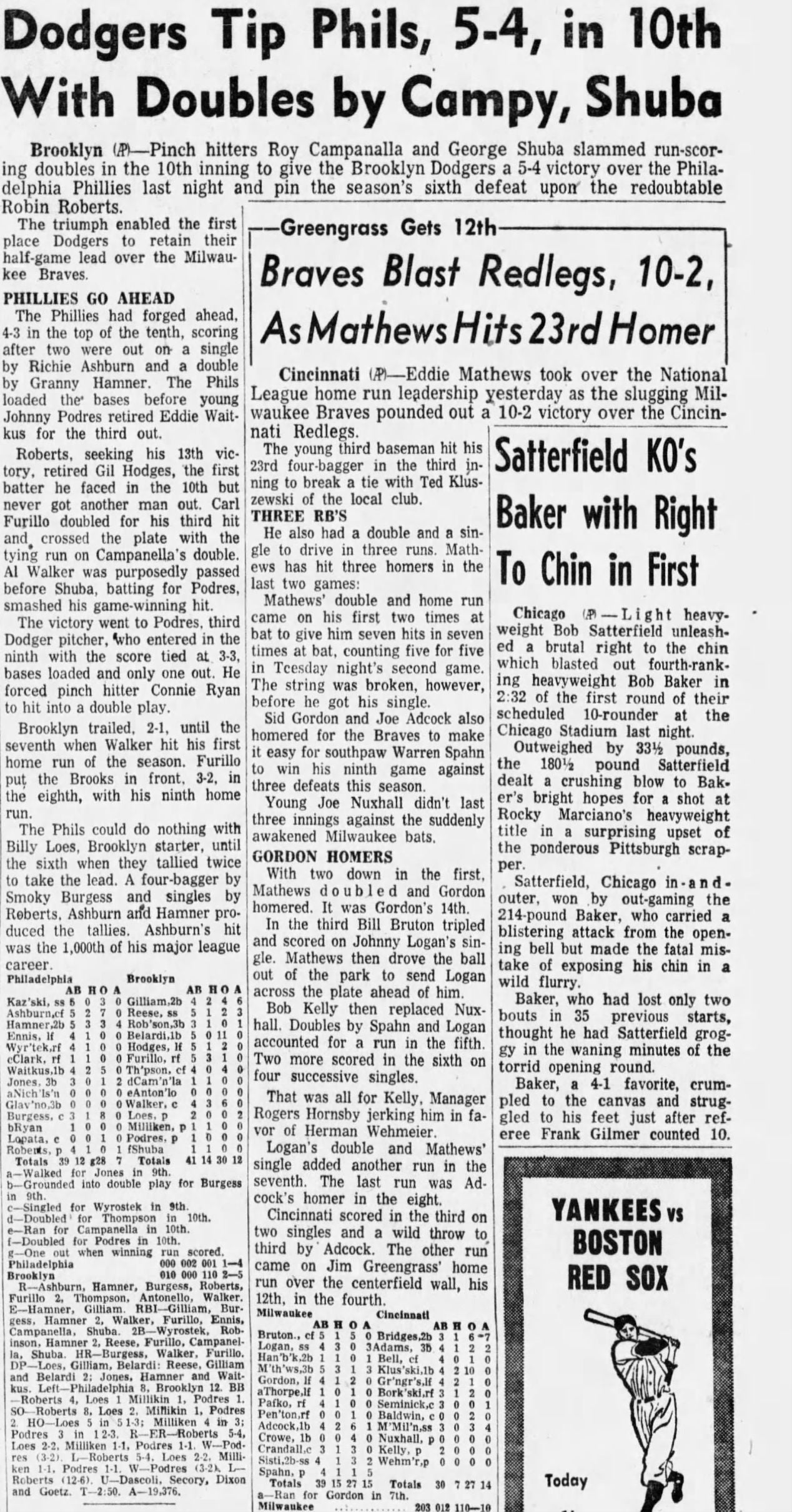 July 1, 1953 Brooklyn Dodgers vs Phillies Scorecard Program Jackie Robinson Double Furillo HR