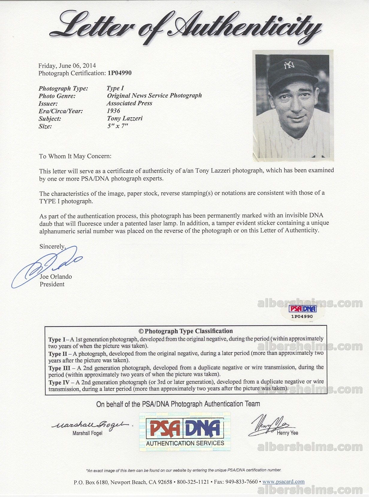 1936 Tony Lazzeri Crystal Clear NY Yankees HOFer World Series Original TYPE 1 photo PSA LOA