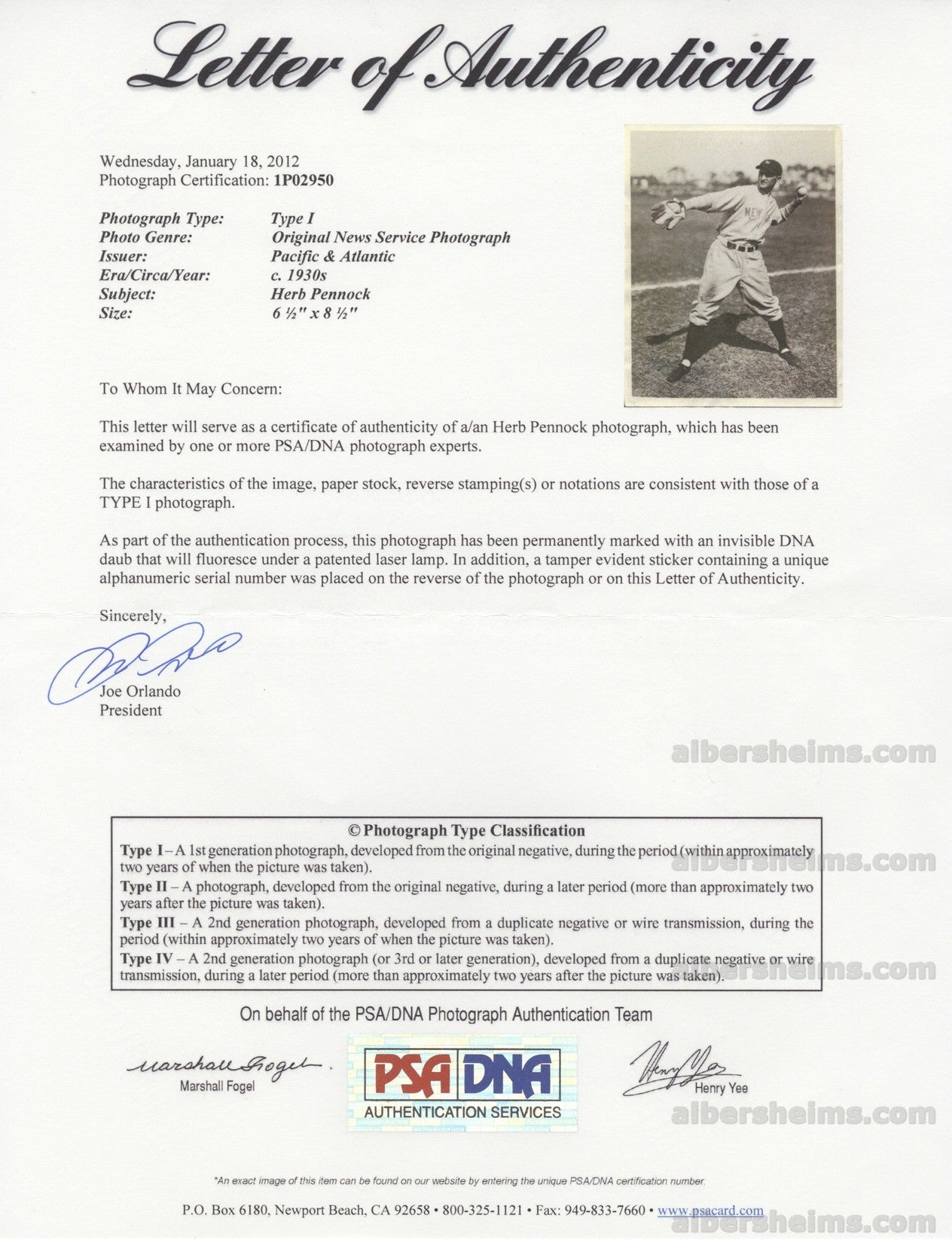 1930's Herb Pennock Crystal Clear New York Yankees HOF Legend Original TYPE 1 photo PSA LOA
