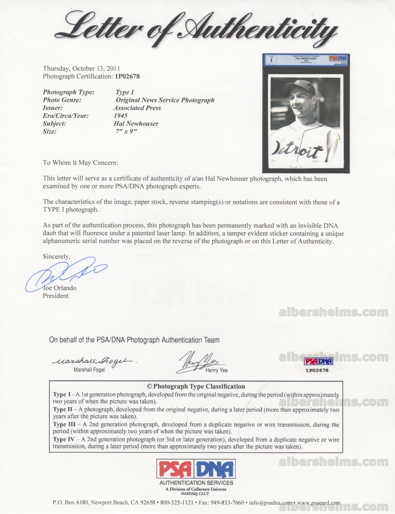 1945 Hal Newhouser Detroit Tigers Hall of Famer Original TYPE 1 photo PSA LOA