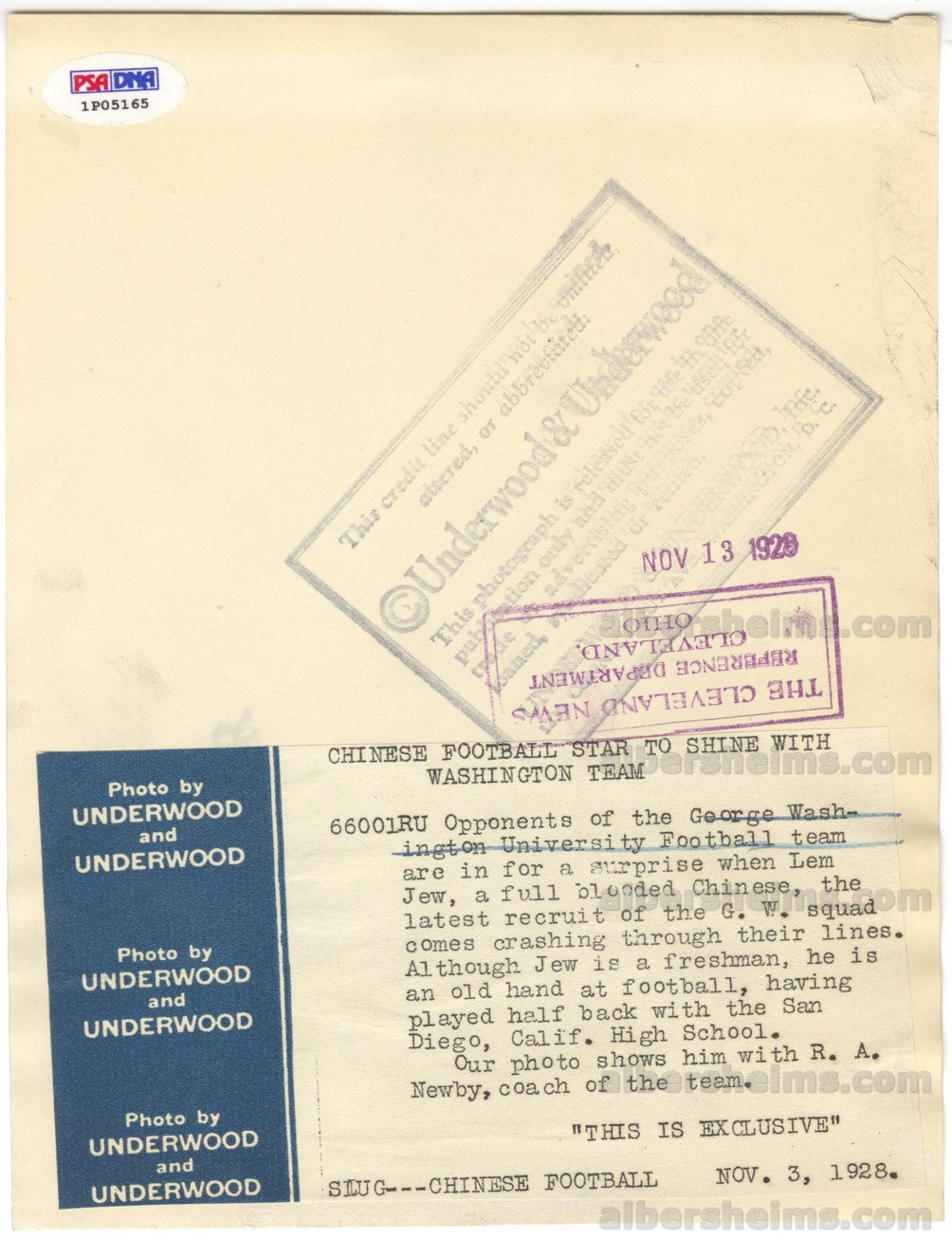 Lem Jew Chinese College Football Star 1928 Original TYPE 1 photo PSA/DNA LOA