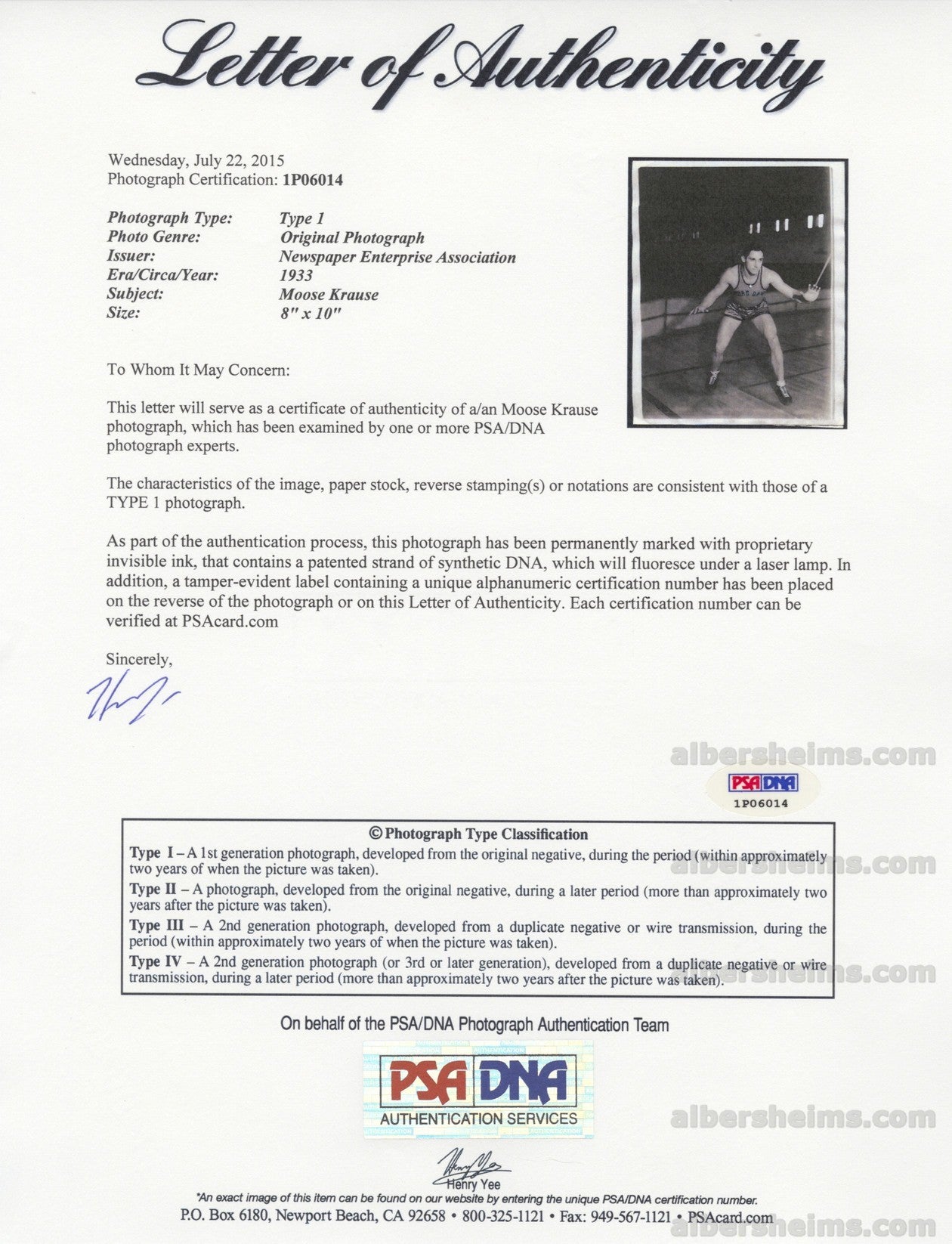 1933 Basketball HOFer - Ed Moose Krause Notre Dame TYPE 1 Photo PSA/DNA LOA