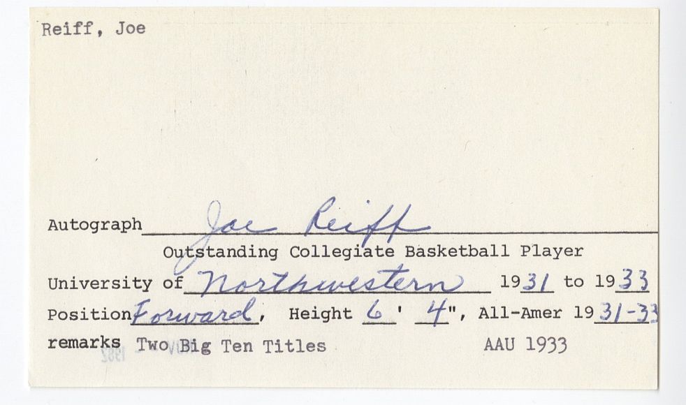 Joe Reiff Oshkosh All-Stars Kautskys 3 X All-American Basketball Northwestern Signed AUTO Information Card