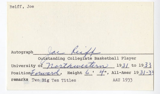 Joe Reiff Oshkosh All-Stars Kautskys 3 X All-American Basketball Northwestern Signed AUTO Information Card