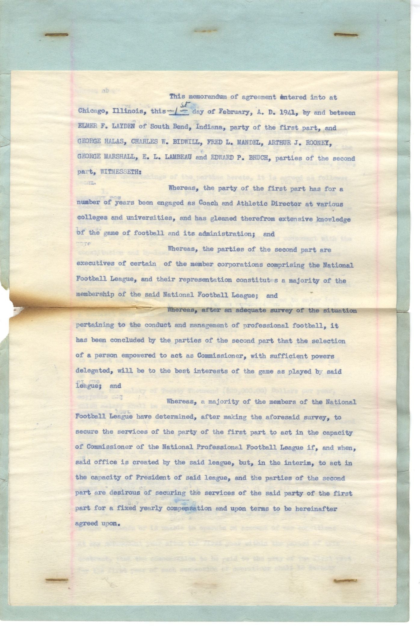 Charles Bidwill Signed Original 1941 Document Establishing the Post of the FIRST Commissioner of the NFL appointing Elmer Layden & Signed by him, Halas, Rooney, Lambeau, & 3 Others PSA/DNA LOA