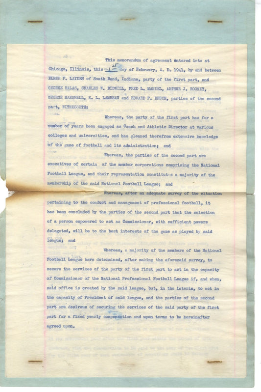 Charles Bidwill Signed Original 1941 Document Establishing the Post of the FIRST Commissioner of the NFL appointing Elmer Layden & Signed by him, Halas, Rooney, Lambeau, & 3 Others PSA/DNA LOA