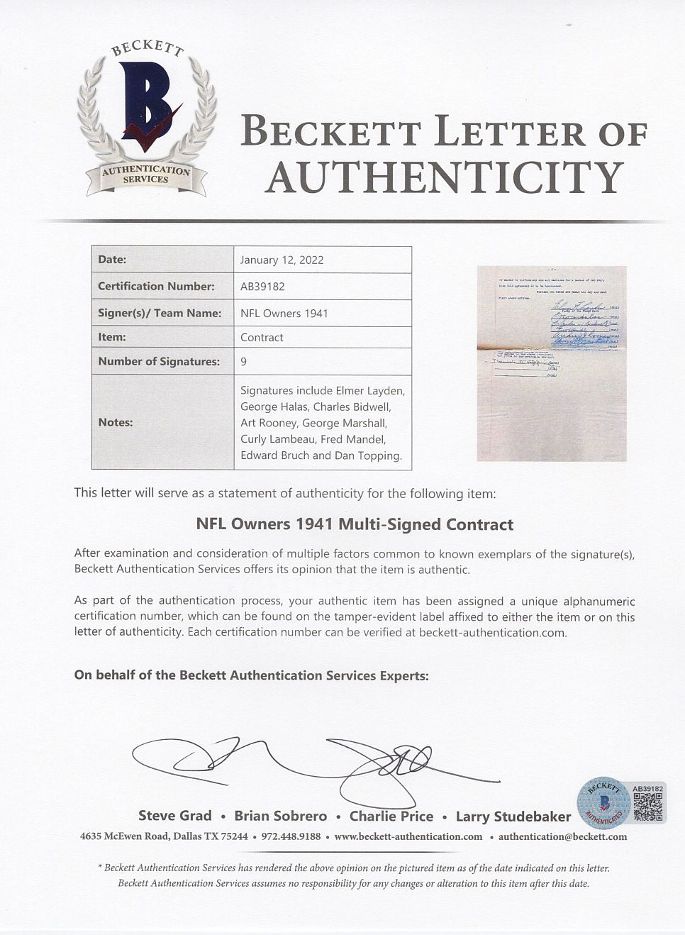 Charles Bidwill Signed Original 1941 Document Establishing the Post of the FIRST Commissioner of the NFL appointing Elmer Layden & Signed by him, Halas, Rooney, Lambeau, & 3 Others PSA/DNA LOA