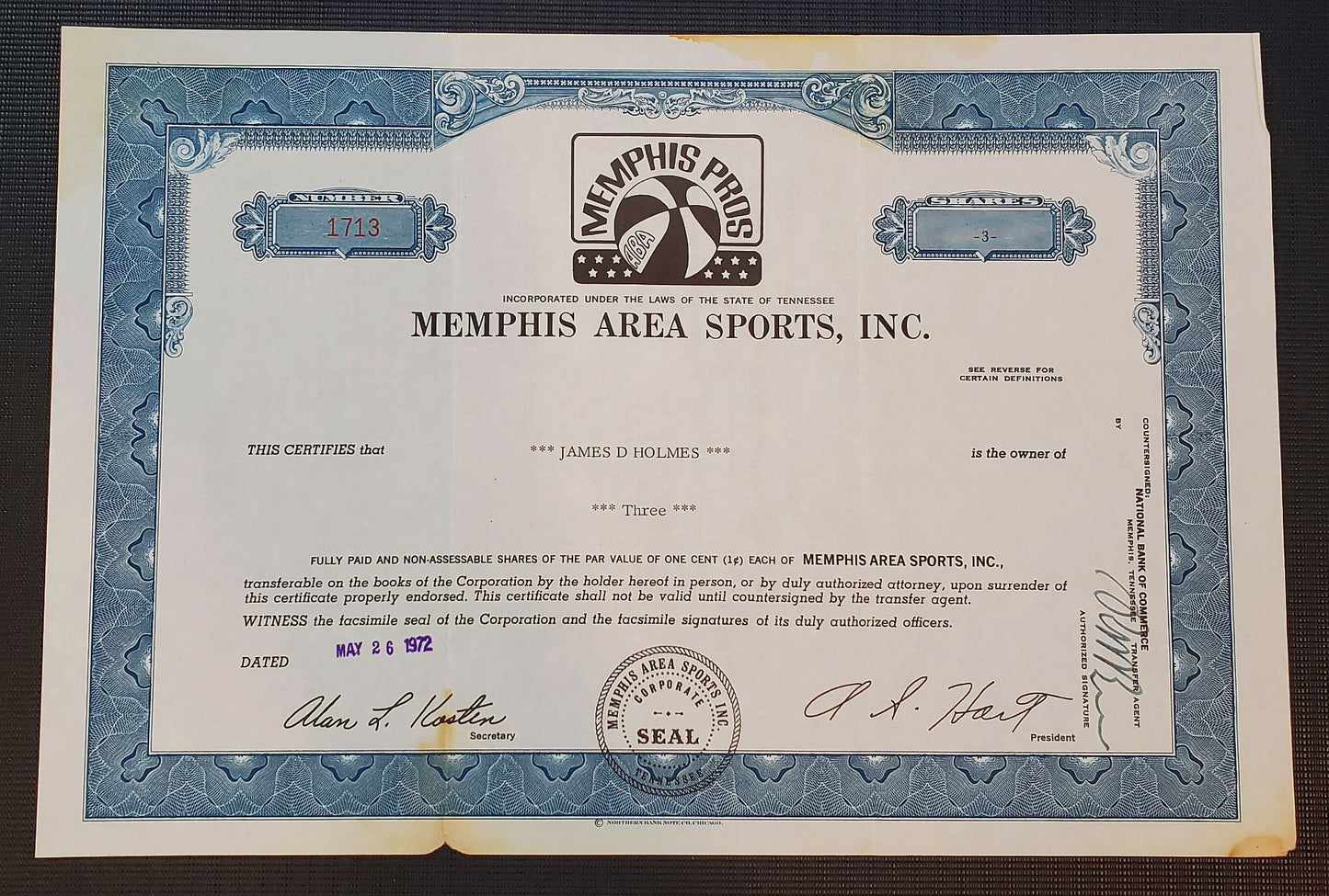 1972 ABA Memphis Pros Professional Basketball Team Stock Certificate