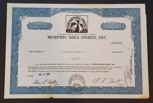 1972 ABA Memphis Pros Professional Basketball Team Stock Certificate